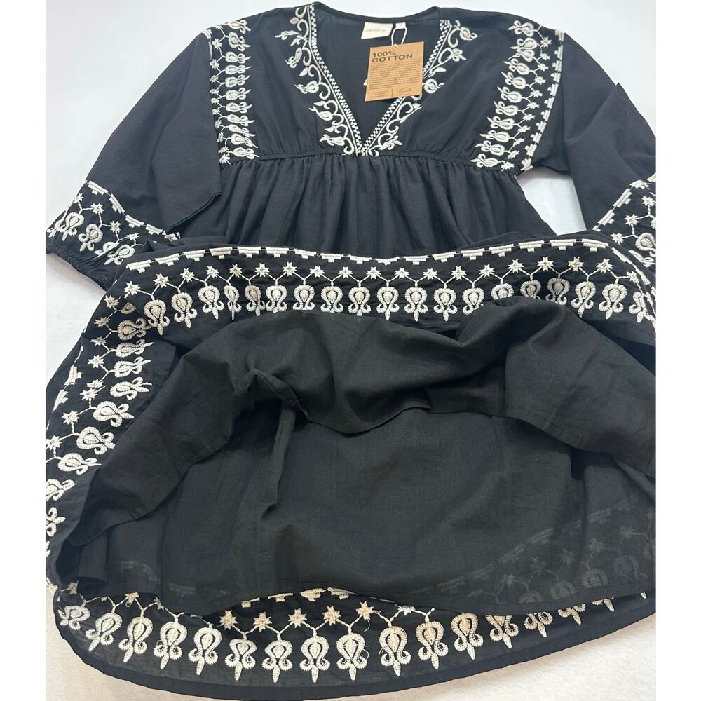 NWT Reistor Deep V Embroidered Dress Black Cream Boho Cotton Mini Dress Medium - Picture 7 of 11
